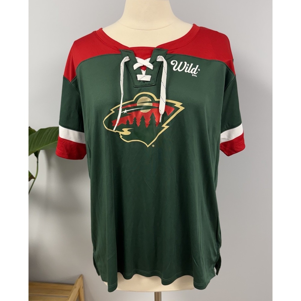 NWT MINNESOTA WILD Slinky Tie Neck Jersey Shirt Women's XL Red Green NHL